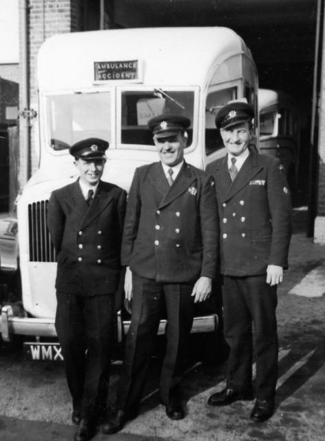 Ron Last, L/A Bert Burgess and Sam Ganderton. Middlesex Ambulance Service 1956.