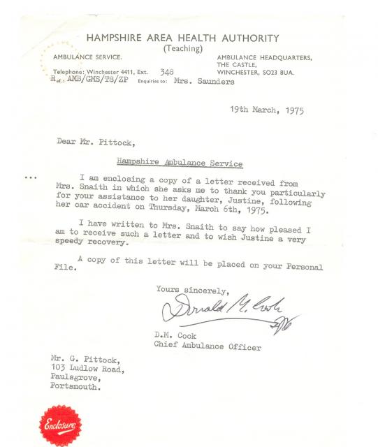 Commendation Letter. Geoff Pittock 1975.