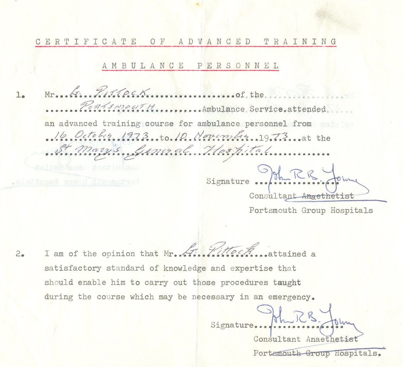 Advanced Training Certificate 1973.