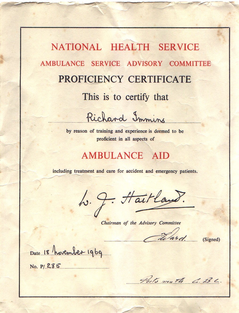 Portsmouth Ambulance Service Proficiency Certificate.