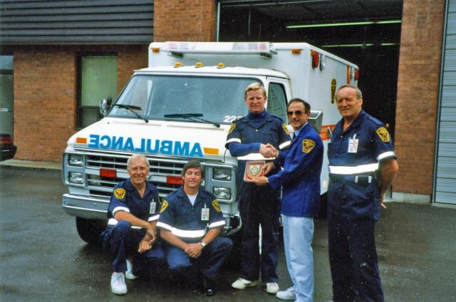 Presentation of HAS Plaque by Peter Ball, to Hamilton Ambulance Station, Canada.